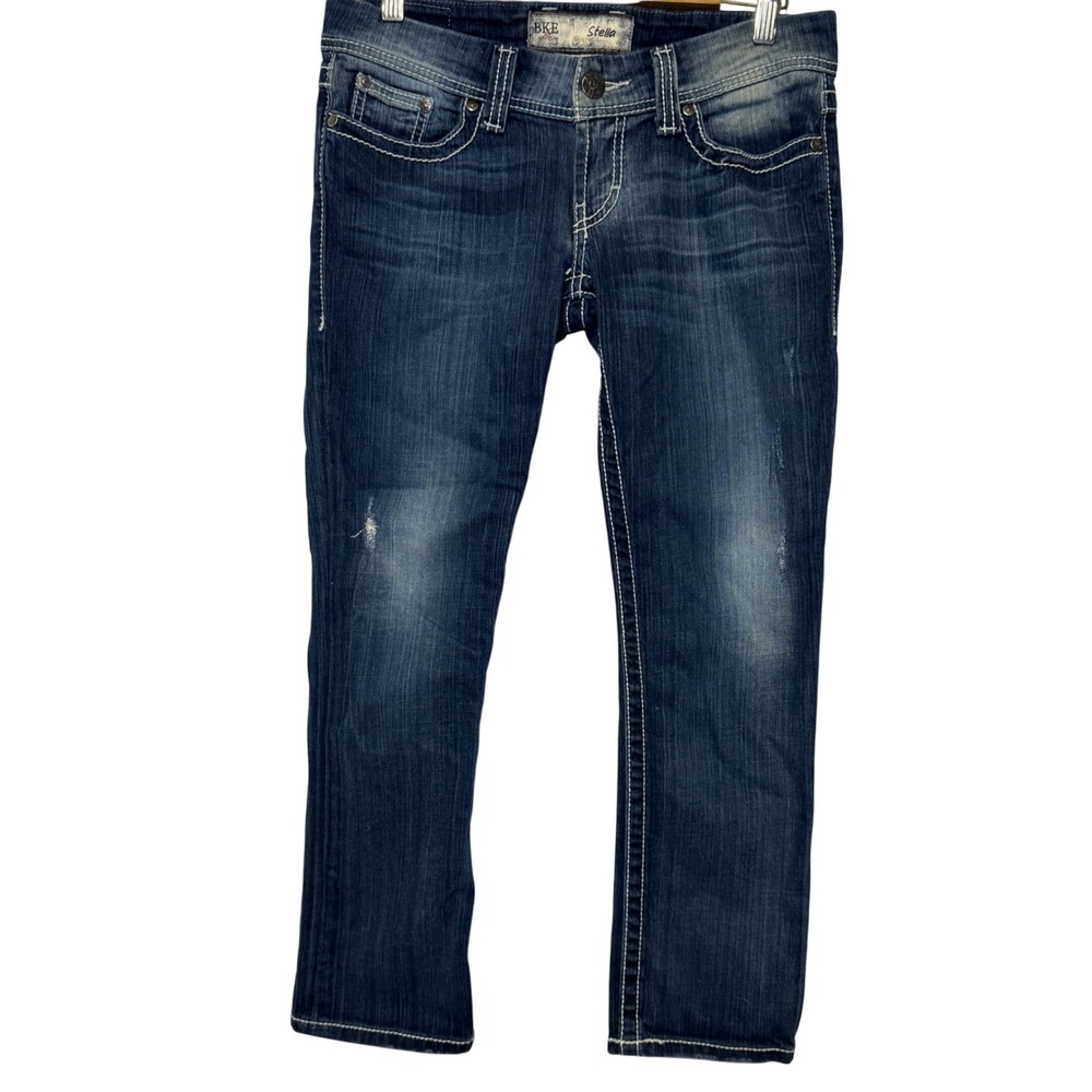 BKE Stella Crop Jeans 28 Dark Wash Straight Leg Distressed Stitch Cropped Denim